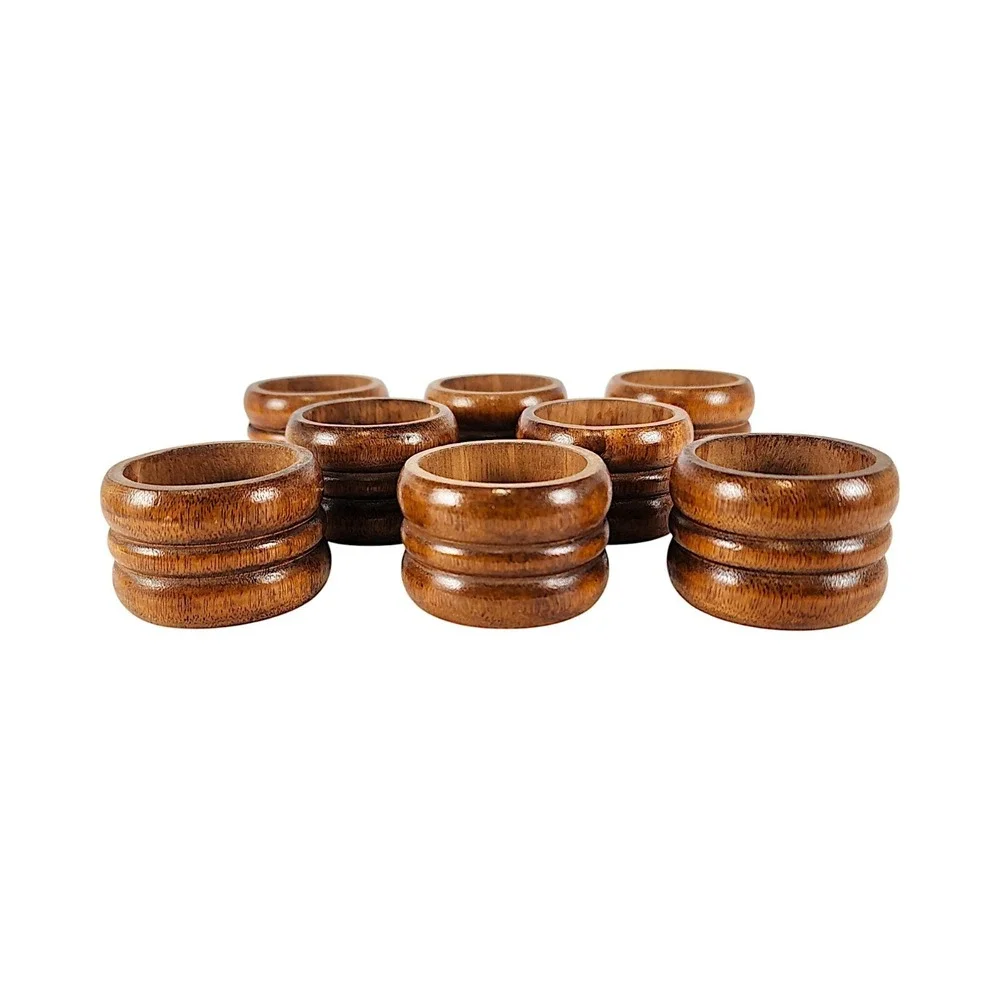 Dark Ribbed Wood Napkin Holders Rings, Set of 8
